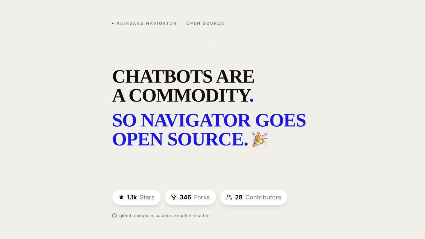 keinsaas Navigator open-source announcement graphic reading 'Chatbots are a commodity, so Navigator goes open source', illustrating digital sovereignty through self-hosted AI.